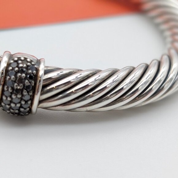 DAVID YURMAN Sterling Silver 7mm Classic Cable Station Black Diamond Bracelet - Picture 4 of 10